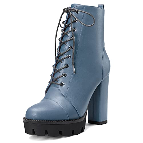 HEUIVZAR Damen Plateau Plattform Stiefeletten Hoher High Blockabsatz Chunky Absatz Heel Geschlossene Zehenkappe Matt Schuhe Schnüren Schnürung Reißverschluss Blau 6 13 CM 37 EU von HEUIVZAR