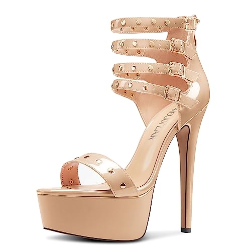 HEUIVZAR Damen Plateau Plattform Stiletto Hoher High Absatz Heel Peep Open Zehenkappe Sandalen Knöchelriemen Reißverschluss Schnalle Party Schuhe Beige 41 EU von HEUIVZAR