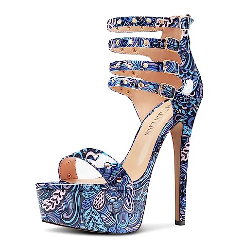 HEUIVZAR Damen Plateau Plattform Stiletto Hoher High Absatz Heel Peep Open Zehenkappe Sandalen Knöchelriemen Reißverschluss Schnalle Party Schuhe Blau Mehrfarbig 39 EU von HEUIVZAR