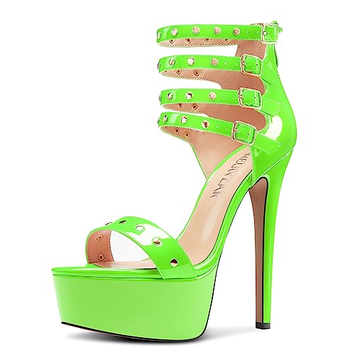 HEUIVZAR Damen Plateau Plattform Stiletto Hoher High Absatz Heel Peep Open Zehenkappe Sandalen Knöchelriemen Reißverschluss Schnalle Party Schuhe Grasgrün 39 EU von HEUIVZAR