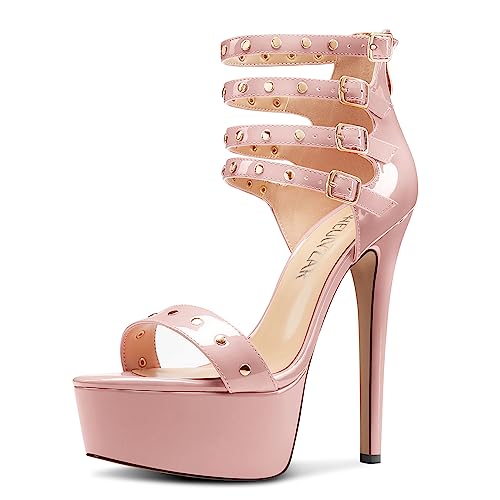 HEUIVZAR Damen Plateau Plattform Stiletto Hoher High Absatz Heel Peep Open Zehenkappe Sandalen Knöchelriemen Reißverschluss Schnalle Party Schuhe Rosa 41 EU von HEUIVZAR
