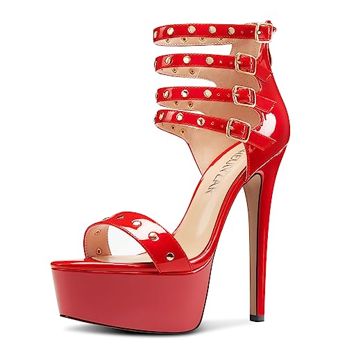 HEUIVZAR Damen Plateau Plattform Stiletto Hoher High Absatz Heel Peep Open Zehenkappe Sandalen Knöchelriemen Reißverschluss Schnalle Party Schuhe Rot 44 EU von HEUIVZAR