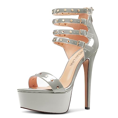 HEUIVZAR Damen Plateau Plattform Stiletto Hoher High Absatz Heel Peep Open Zehenkappe Sandalen Knöchelriemen Reißverschluss Schnalle Party Schuhe Silber 37 EU von HEUIVZAR