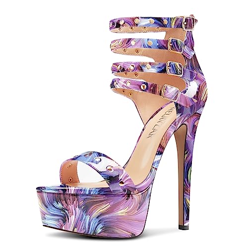HEUIVZAR Damen Plateau Plattform Stiletto Hoher High Absatz Heel Peep Open Zehenkappe Sandalen Knöchelriemen Reißverschluss Schnalle Party Schuhe Violette Blume A 40 EU von HEUIVZAR