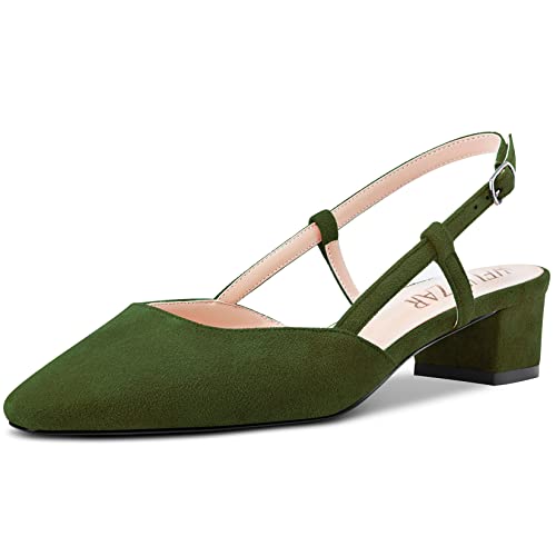 HEUIVZAR Damen Pumps Eckige Zehenkappe Kitten Niedrige Blockabsatz Chunky Absatz Heel Slingback Wildleder Dress Schuhe Urlaub Cute Hochzeit Olive Grün 3.5 cm 41 EU von HEUIVZAR