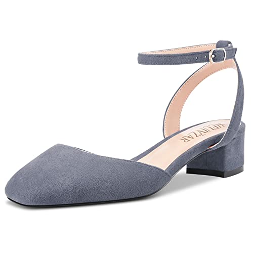 HEUIVZAR Damen Pumps Knöchelriemen Slingback Sandalen Kitten Niedrige Blockabsatz Chunky Absatz Heel Eckige Zehenkappe Wildleder Dress Schuhe Urlaub Cute Shopping Grau 3.5 cm 39 EU von HEUIVZAR