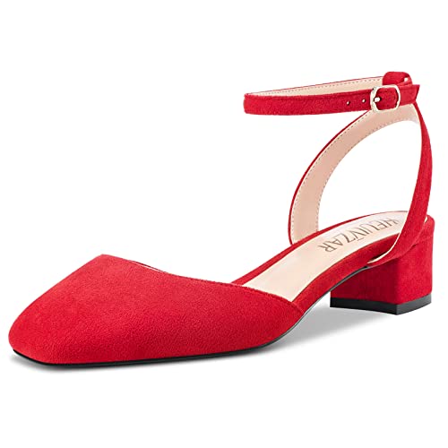 HEUIVZAR Damen Pumps Knöchelriemen Slingback Sandalen Kitten Niedrige Blockabsatz Chunky Absatz Heel Eckige Zehenkappe Wildleder Dress Schuhe Urlaub Cute Shopping Rot Wildleder 3.5 cm 38 EU von HEUIVZAR