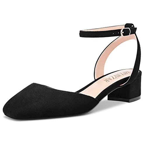 HEUIVZAR Damen Pumps Knöchelriemen Slingback Sandalen Kitten Niedrige Blockabsatz Chunky Absatz Heel Eckige Zehenkappe Wildleder Dress Schuhe Urlaub Cute Shopping Schwarz 3.5 cm 44 EU von HEUIVZAR