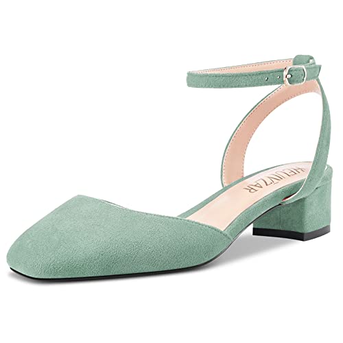 HEUIVZAR Damen Pumps Knöchelriemen Slingback Sandalen Kitten Niedrige Blockabsatz Chunky Absatz Heel Eckige Zehenkappe Wildleder Dress Schuhe Urlaub Cute Shopping Türkis Grün 3.5 cm 39 EU von HEUIVZAR