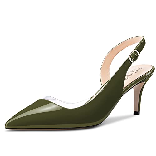 HEUIVZAR Damen Pumps Slingback Kitten Mittlerem Niedrige Stiletto Absatz Heel Spitze Zehenkappe Sandalen Lackleder Dress Schuhe Cute Urlaub Vintage Olive Grün 6.5 cm 39 EU von HEUIVZAR