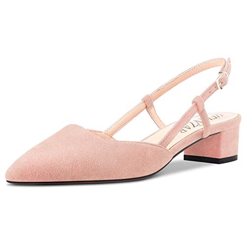 HEUIVZAR Damen Pumps Slingback Kitten Niedrige Blockabsatz Chunky Absatz Heel Spitze Zehenkappe Knöchelriemen Sandalen Wildleder Dress Schuhe Urlaub Cute Shopping Beige 3.5 cm 40 EU von HEUIVZAR