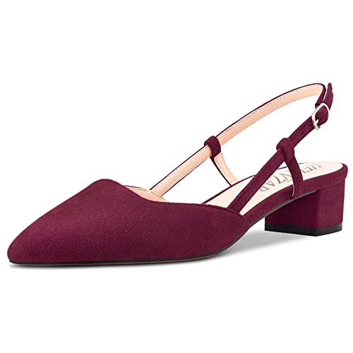 HEUIVZAR Damen Pumps Slingback Kitten Niedrige Blockabsatz Chunky Absatz Heel Spitze Zehenkappe Knöchelriemen Sandalen Wildleder Dress Schuhe Urlaub Cute Shopping Burgundisch Rot 3.5 cm 36 EU von HEUIVZAR
