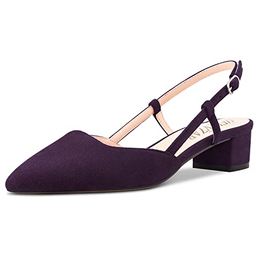 HEUIVZAR Damen Pumps Slingback Kitten Niedrige Blockabsatz Chunky Absatz Heel Spitze Zehenkappe Knöchelriemen Sandalen Wildleder Dress Schuhe Urlaub Cute Shopping Dunkelviolett 3.5 cm 36 EU von HEUIVZAR