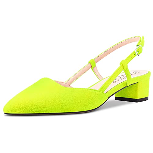 HEUIVZAR Damen Pumps Slingback Kitten Niedrige Blockabsatz Chunky Absatz Heel Spitze Zehenkappe Knöchelriemen Sandalen Wildleder Dress Schuhe Urlaub Cute Shopping Fluoreszierend Gelb 3.5 cm 36 EU von HEUIVZAR