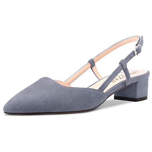 HEUIVZAR Damen Pumps Slingback Kitten Niedrige Blockabsatz Chunky Absatz Heel Spitze Zehenkappe Knöchelriemen Sandalen Wildleder Dress Schuhe Urlaub Cute Shopping Grau 3.5 cm 41 EU von HEUIVZAR