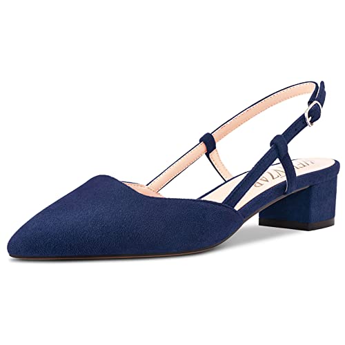 HEUIVZAR Damen Pumps Slingback Kitten Niedrige Blockabsatz Chunky Absatz Heel Spitze Zehenkappe Knöchelriemen Sandalen Wildleder Dress Schuhe Urlaub Cute Shopping Marineblau 3.5 cm 38 EU von HEUIVZAR