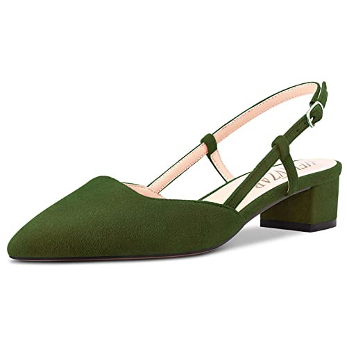HEUIVZAR Damen Pumps Slingback Kitten Niedrige Blockabsatz Chunky Absatz Heel Spitze Zehenkappe Knöchelriemen Sandalen Wildleder Dress Schuhe Urlaub Cute Shopping Olive Grün 3.5 cm 40 EU von HEUIVZAR
