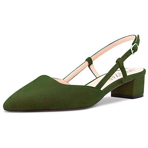 HEUIVZAR Damen Pumps Slingback Kitten Niedrige Blockabsatz Chunky Absatz Heel Spitze Zehenkappe Knöchelriemen Sandalen Wildleder Dress Schuhe Urlaub Cute Shopping Olive Grün 3.5 cm 43 EU von HEUIVZAR