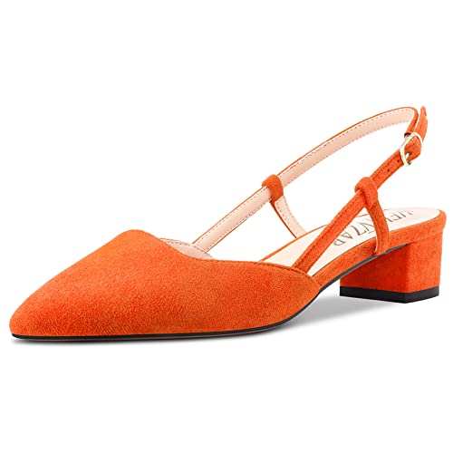 HEUIVZAR Damen Pumps Slingback Kitten Niedrige Blockabsatz Chunky Absatz Heel Spitze Zehenkappe Knöchelriemen Sandalen Wildleder Dress Schuhe Urlaub Cute Shopping Orange 3.5 cm 40 EU von HEUIVZAR