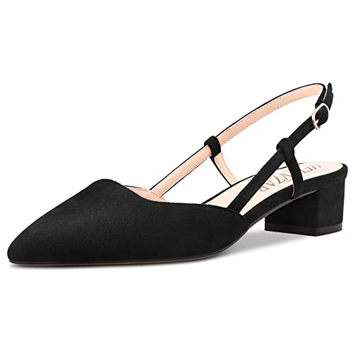 HEUIVZAR Damen Pumps Slingback Kitten Niedrige Blockabsatz Chunky Absatz Heel Spitze Zehenkappe Knöchelriemen Sandalen Wildleder Dress Schuhe Urlaub Cute Shopping Schwarz 3.5 cm 44 EU von HEUIVZAR