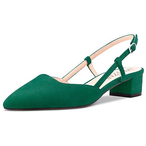 HEUIVZAR Damen Pumps Slingback Kitten Niedrige Blockabsatz Chunky Absatz Heel Spitze Zehenkappe Knöchelriemen Sandalen Wildleder Dress Schuhe Urlaub Cute Shopping Smaragd Grün 3.5 cm 38 EU von HEUIVZAR