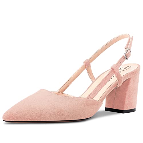 HEUIVZAR Damen Pumps Slingback Mittlerem Blockabsatz Chunky Absatz Heel Spitze Zehenkappe Knöchelriemen Wildleder Dress Schuhe Cute Urlaub Vintage Beige 6.5 cm 37 EU von HEUIVZAR