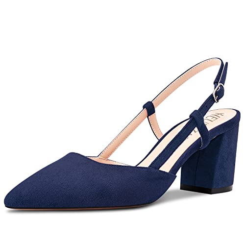 HEUIVZAR Damen Pumps Slingback Mittlerem Blockabsatz Chunky Absatz Heel Spitze Zehenkappe Knöchelriemen Wildleder Dress Schuhe Cute Urlaub Vintage Marineblau 6.5 cm 37 EU von HEUIVZAR