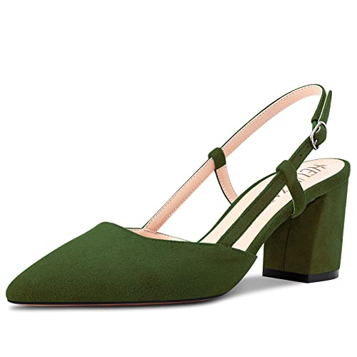 HEUIVZAR Damen Pumps Slingback Mittlerem Blockabsatz Chunky Absatz Heel Spitze Zehenkappe Knöchelriemen Wildleder Dress Schuhe Cute Urlaub Vintage Olive Grün 6.5 cm 40 EU von HEUIVZAR