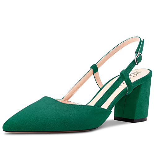 HEUIVZAR Damen Pumps Slingback Mittlerem Blockabsatz Chunky Absatz Heel Spitze Zehenkappe Knöchelriemen Wildleder Dress Schuhe Cute Urlaub Vintage Smaragd Grün 6.5 cm 40 EU von HEUIVZAR