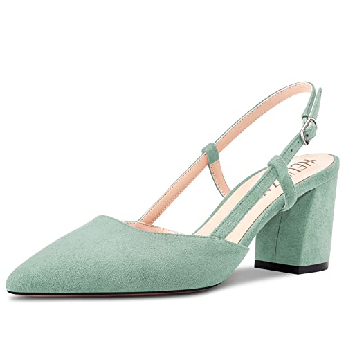 HEUIVZAR Damen Pumps Slingback Mittlerem Blockabsatz Chunky Absatz Heel Spitze Zehenkappe Knöchelriemen Wildleder Dress Schuhe Cute Urlaub Vintage Türkis Grün 6.5 cm 36 EU von HEUIVZAR