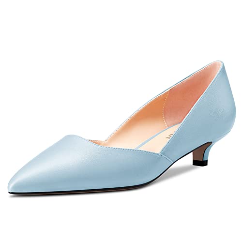HEUIVZAR Damen Pumps Slip-on Kitten Niedrige Stiletto Absatz Heel Spitze Zehenkappe Two-Piece Matt Dress Schuhe Cute Urlaub Vintage Blau 7 3.5 cm 39 EU von HEUIVZAR