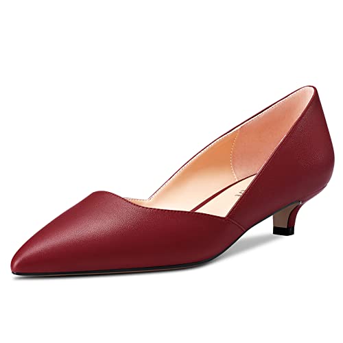 HEUIVZAR Damen Pumps Slip-on Kitten Niedrige Stiletto Absatz Heel Spitze Zehenkappe Two-Piece Matt Dress Schuhe Cute Urlaub Vintage Burgundisch Rot 3.5 cm 36 EU von HEUIVZAR