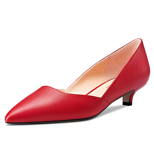 HEUIVZAR Damen Pumps Slip-on Kitten Niedrige Stiletto Absatz Heel Spitze Zehenkappe Two-Piece Matt Dress Schuhe Cute Urlaub Vintage Rot 3.5 cm 41 EU von HEUIVZAR