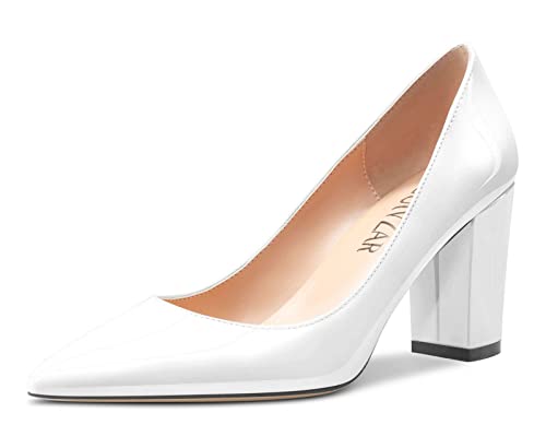 HEUIVZAR Damen Pumps Spitze Zehenkappe Blockabsatz Chunky Mittlerem Absatz Heel Slip-on Dress Schuhe Lackleder Weiß 7.5 cm 37 EU von HEUIVZAR