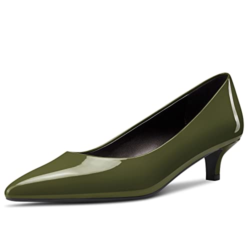 HEUIVZAR Damen Pumps Spitze Zehenkappe Kitten Niedrige Absatz Heel Slip-on Lackleder Dress Schuhe Urlaub Cute Shopping Olive Grün 3.5 cm 41 EU von HEUIVZAR