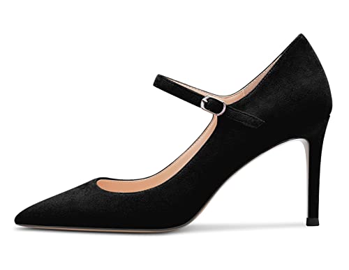 HEUIVZAR Damen Pumps Spitze Zehenkappe Mary Jane Stiletto Mittlerem Niedrige Absatz Heel Knöchelriemen Dress Schuhe Klassisch Wildleder Schwarz 4.7 cm 43 EU von HEUIVZAR