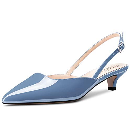 HEUIVZAR Damen Slingback Pumps Kitten Niedrige Absatz Heel Spitze Zehenkappe Sandalen Lackleder Dress Schuhe Cute Urlaub Blau 3 3.5 cm 40 EU von HEUIVZAR