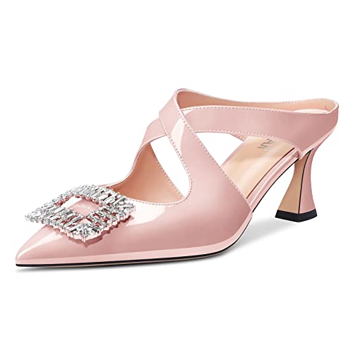 HEUIVZAR Damen Spitze Zehenkappe Chunky Blockabsatz Mittlerem Absatz Heel Sandalen Slingback Schnalle Diamant Kristall Hochzeit Cute 6.5 CM Heels Rosa 44 EU von HEUIVZAR