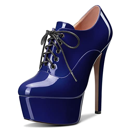 HEUIVZAR Damen Stiefeletten Hoher High Stiletto Absatz Heel Geschlossene Zehenkappe Lackleder Schnüren Schnürung Schuhe Marineblau 15 CM 44 EU von HEUIVZAR