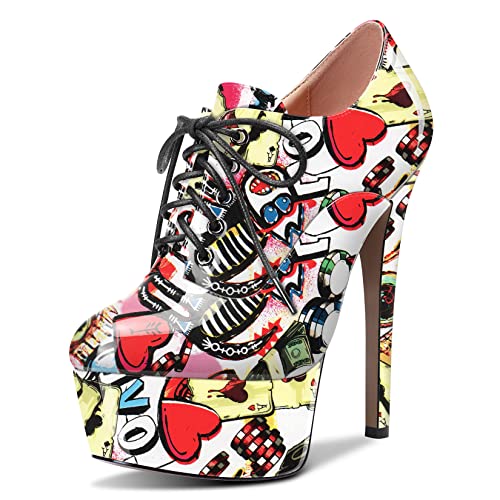 HEUIVZAR Damen Stiefeletten Hoher High Stiletto Absatz Heel Geschlossene Zehenkappe Lackleder Schnüren Schnürung Schuhe Multicolore 4 15 CM 43 EU von HEUIVZAR
