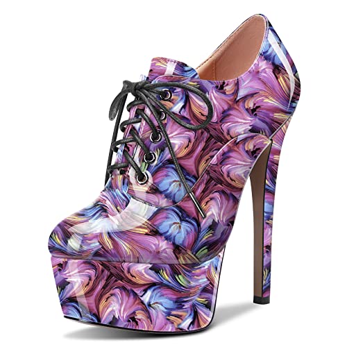 HEUIVZAR Damen Stiefeletten Hoher High Stiletto Absatz Heel Geschlossene Zehenkappe Lackleder Schnüren Schnürung Schuhe Multicolore 8 15 CM 38 EU von HEUIVZAR