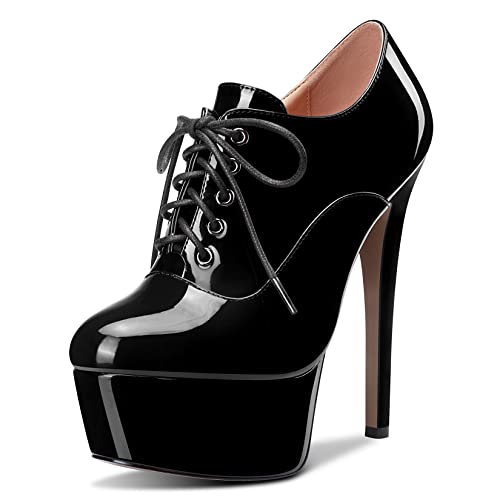 HEUIVZAR Damen Stiefeletten Hoher High Stiletto Absatz Heel Geschlossene Zehenkappe Lackleder Schnüren Schnürung Schuhe Schwarz 15 CM 38 EU von HEUIVZAR