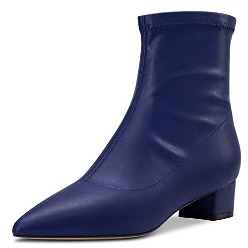 HEUIVZAR Damen Stiefeletten Mittlerem Blockabsatz Chunky Absatz Heel Geschlossene Spitze Zehenkappe Matt Klassisch Schuhe Reißverschluss Blau 4 5 CM 36 EU von HEUIVZAR