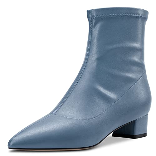 HEUIVZAR Damen Stiefeletten Mittlerem Blockabsatz Chunky Absatz Heel Geschlossene Spitze Zehenkappe Matt Klassisch Schuhe Reißverschluss Blau 6 5 CM 40 EU von HEUIVZAR