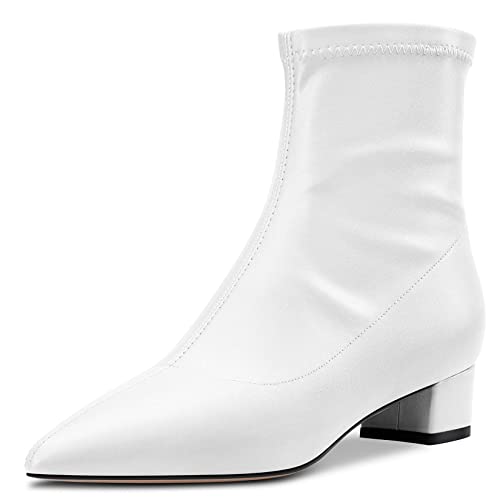 HEUIVZAR Damen Stiefeletten Mittlerem Blockabsatz Chunky Absatz Heel Geschlossene Spitze Zehenkappe Matt Klassisch Schuhe Reißverschluss Weiß 5 CM 42 EU von HEUIVZAR