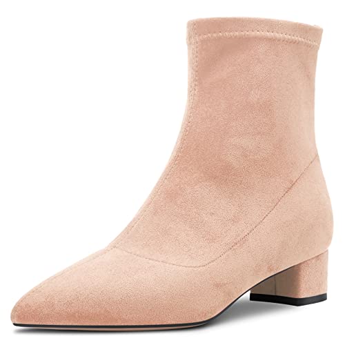 HEUIVZAR Damen Stiefeletten Mittlerem Blockabsatz Chunky Absatz Heel Geschlossene Spitze Zehenkappe Wildleder Schuhe Klassisch Reißverschluss Beige 3.5 CM 39 EU von HEUIVZAR