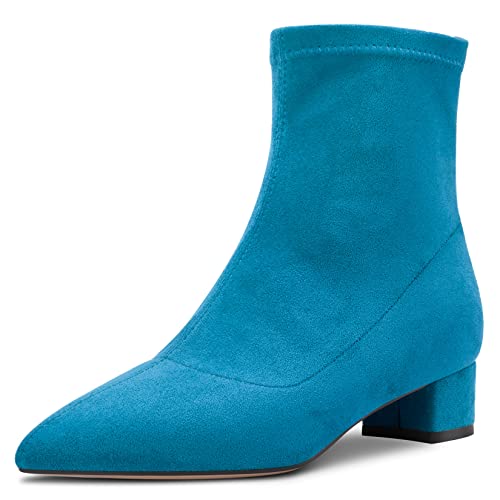 HEUIVZAR Damen Stiefeletten Mittlerem Blockabsatz Chunky Absatz Heel Geschlossene Spitze Zehenkappe Wildleder Schuhe Klassisch Reißverschluss Blau 3.5 CM 38 EU von HEUIVZAR