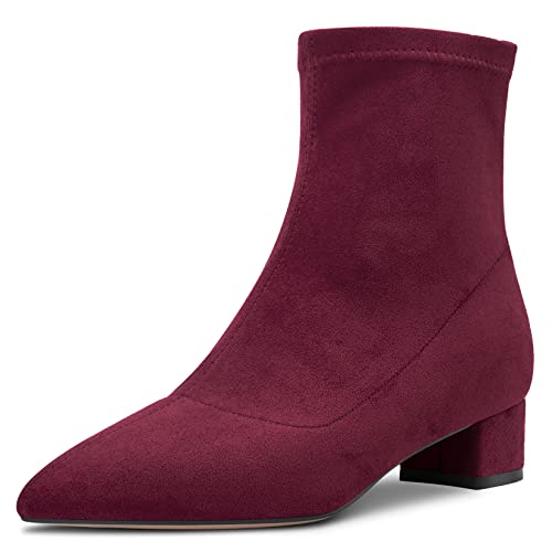 HEUIVZAR Damen Stiefeletten Mittlerem Blockabsatz Chunky Absatz Heel Geschlossene Spitze Zehenkappe Wildleder Schuhe Klassisch Reißverschluss Burgundisch Rot 3.5 CM 45 EU von HEUIVZAR