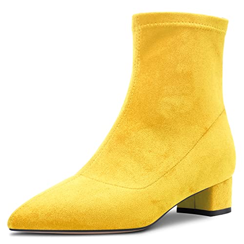 HEUIVZAR Damen Stiefeletten Mittlerem Blockabsatz Chunky Absatz Heel Geschlossene Spitze Zehenkappe Wildleder Schuhe Klassisch Reißverschluss Gelb 3.5 CM 38 EU von HEUIVZAR