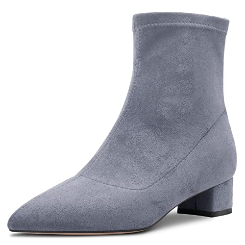 HEUIVZAR Damen Stiefeletten Mittlerem Blockabsatz Chunky Absatz Heel Geschlossene Spitze Zehenkappe Wildleder Schuhe Klassisch Reißverschluss Grau 3.5 CM 39 EU von HEUIVZAR